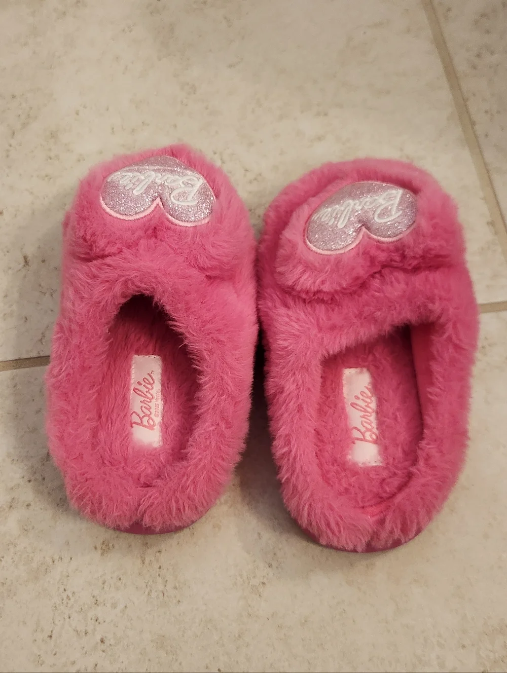 Hot Pink Fuzzy Barbie‎ Slippers Hearts Girls Youth Size 13/1
